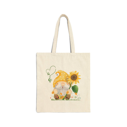 Radiant Sunflower Gnome Tote Bag: Carry Your Sunshine & Sweet Melodies (Natural & Black Canvas) Natural 15" x 16"