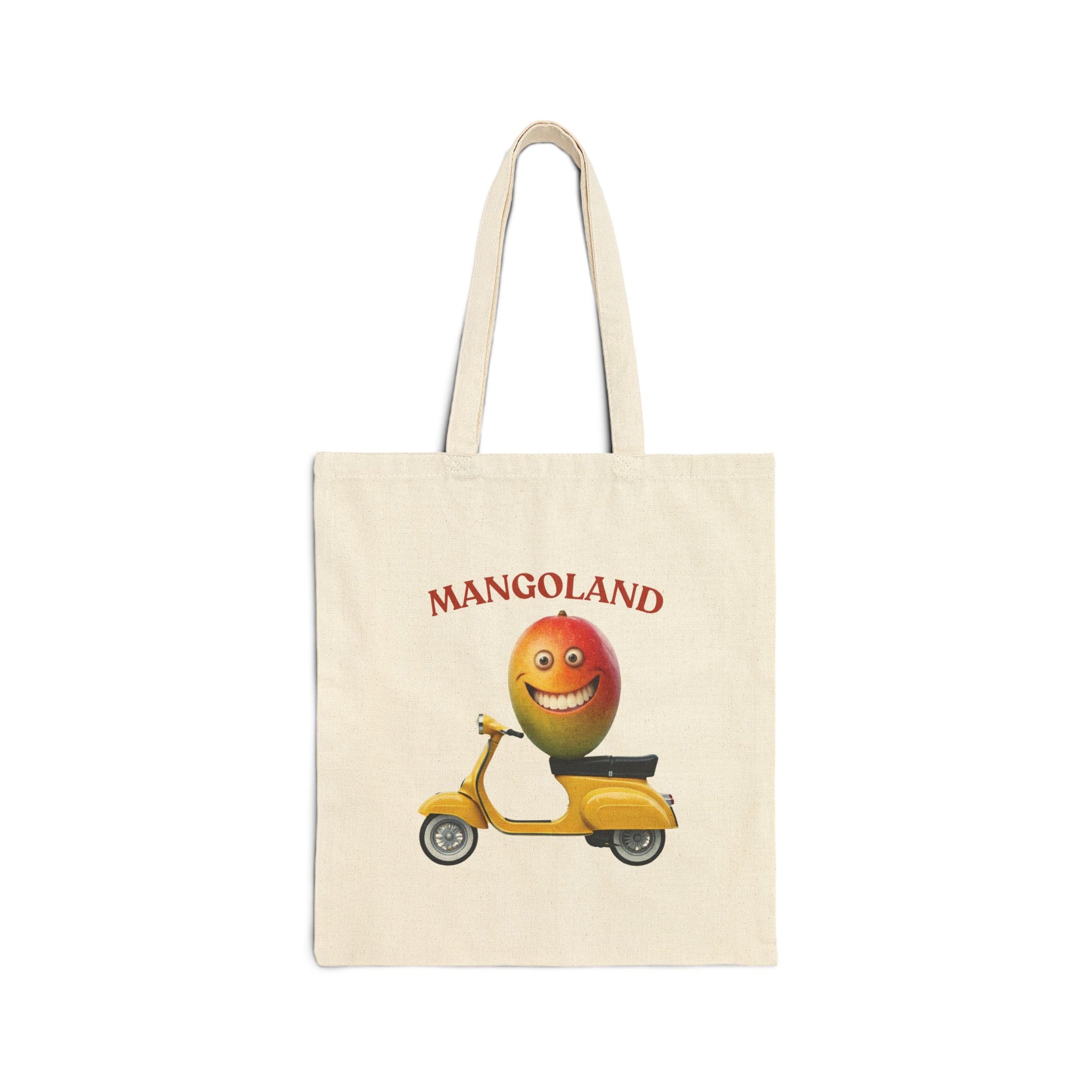 Mangoland Tote Bag: Funny Mango on Scooter Canvas Bag Natural 15" x 16"