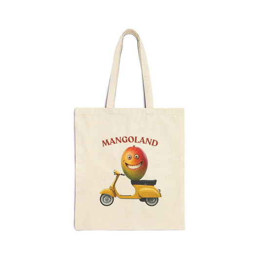 Mangoland Tote Bag: Funny Mango on Scooter Canvas Bag Natural 15" x 16"