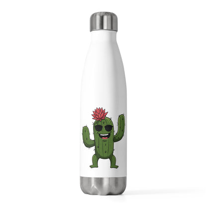 A unique "Cactus Mania" insultate stainless steel bottle featuring a playful cartoon cactus wearing sunglasses and a flower on its head.