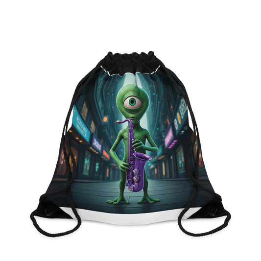 Alien Vibes Drawstring Bag: Fun Saxophone Alien Backpack - Perfect Gift for Music & Sci-Fi Fans! One size