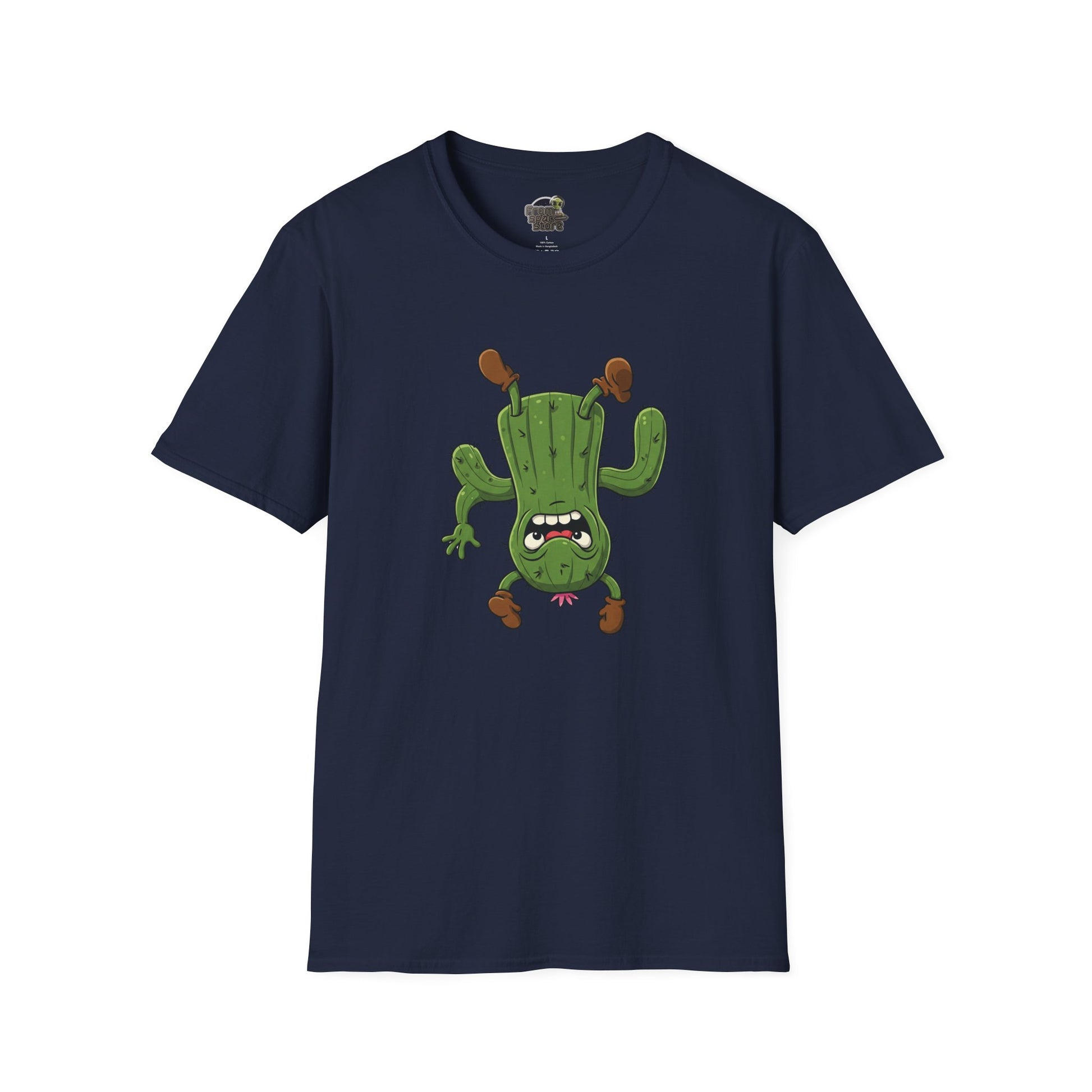 Shocked Cactus T-Shirt: Funky Upside-Down Cactus Tee | Organic Cotton Unisex Graphic Shirt Navy