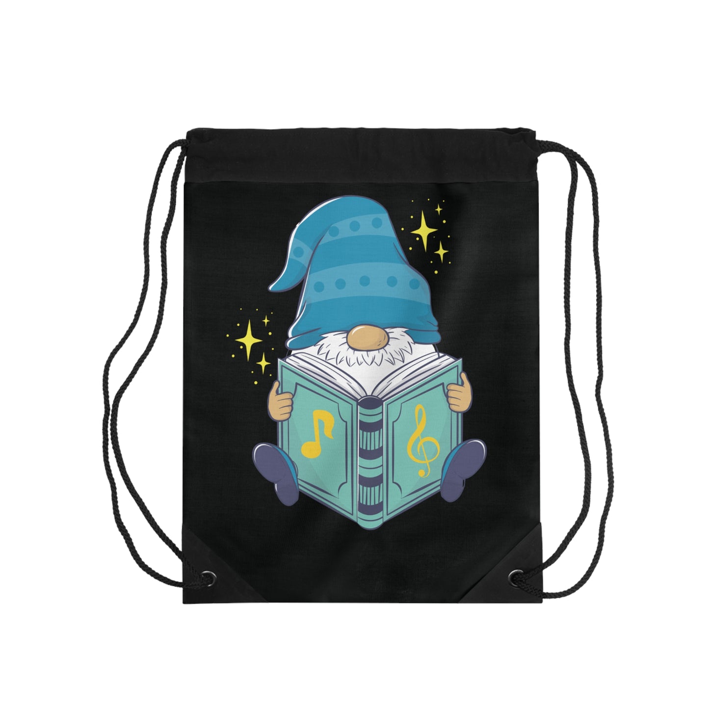 Enchanting Light Blue Gnome with Music Book Drawstring Bag: Whimsical & Wise