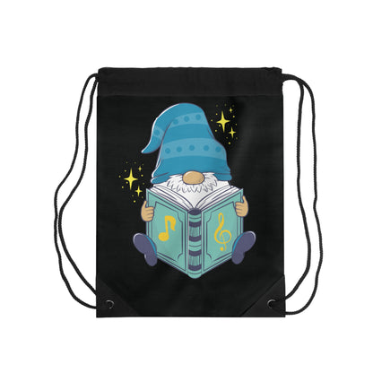Enchanting Light Blue Gnome with Music Book Drawstring Bag: Whimsical & Wise