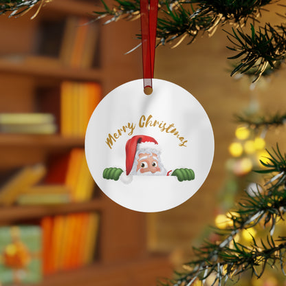 Funny Santa Peeking Christmas Ornament - Double-Sided Aluminum Decor