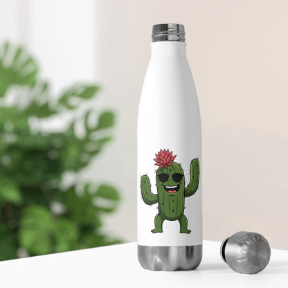 Close-up a vibrant "Cactus Mania" insultate stainless steel bottle featuring a playful cartoon cactus wearing sunglasses and a flower on its head, set against a bright background.