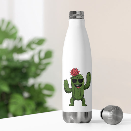 Close-up a vibrant "Cactus Mania" insultate stainless steel bottle featuring a playful cartoon cactus wearing sunglasses and a flower on its head, set against a bright background.