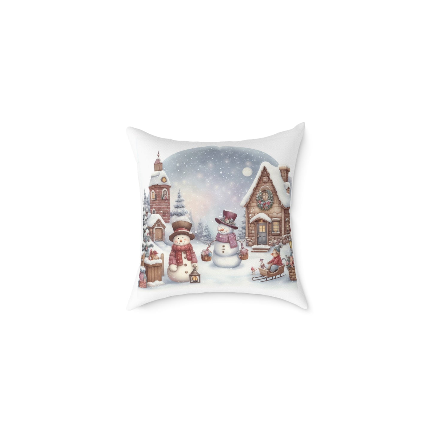Cozy Christmas Village Throw Pillow | Watercolor Winter Snowman Decor
