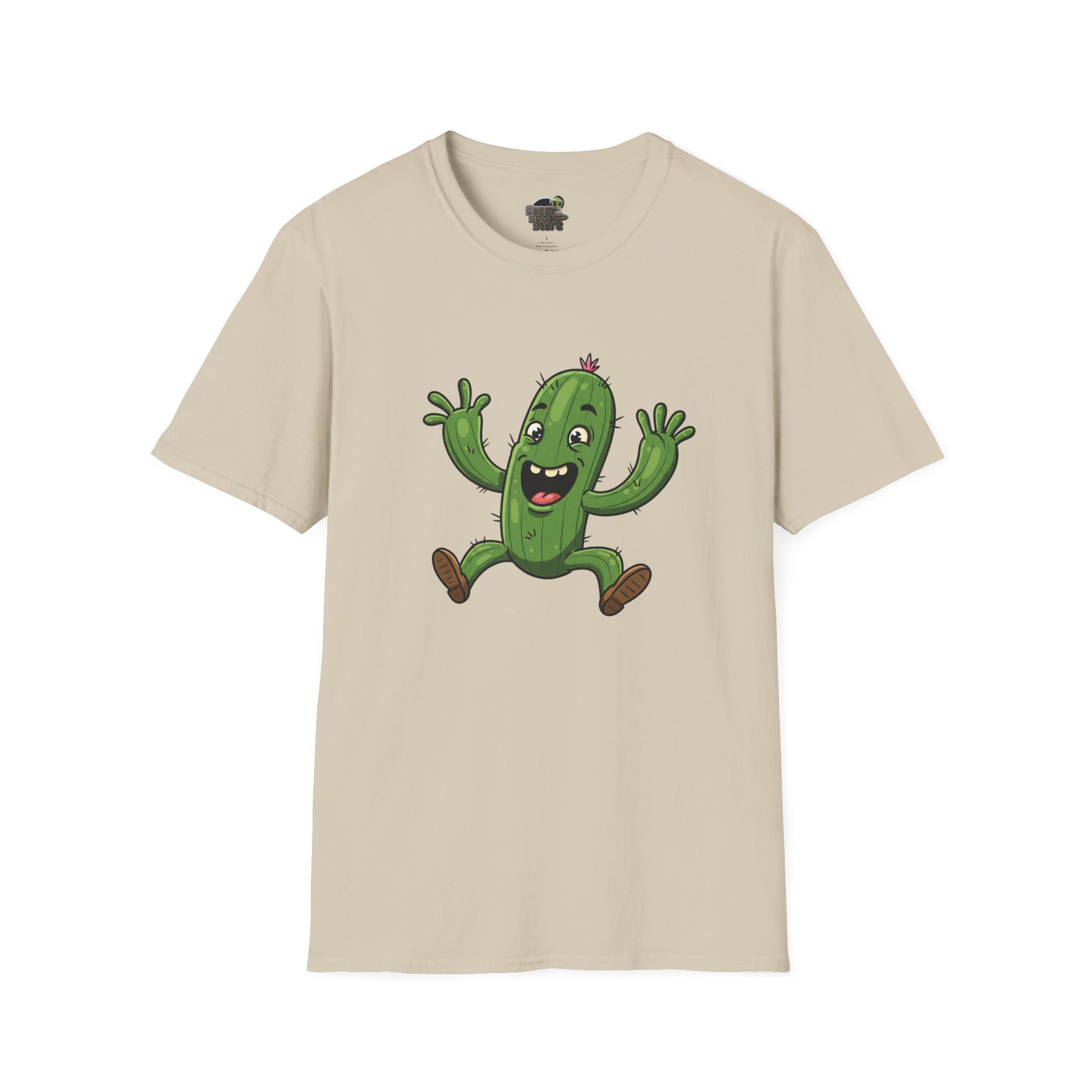 Happy Jumping Cactus T-Shirt: Dynamic & Joyful Organic Cotton Tee | Cactus Mania Sand