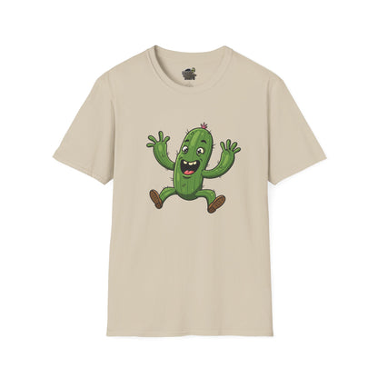 Happy Jumping Cactus T-Shirt: Dynamic & Joyful Organic Cotton Tee | Cactus Mania Sand