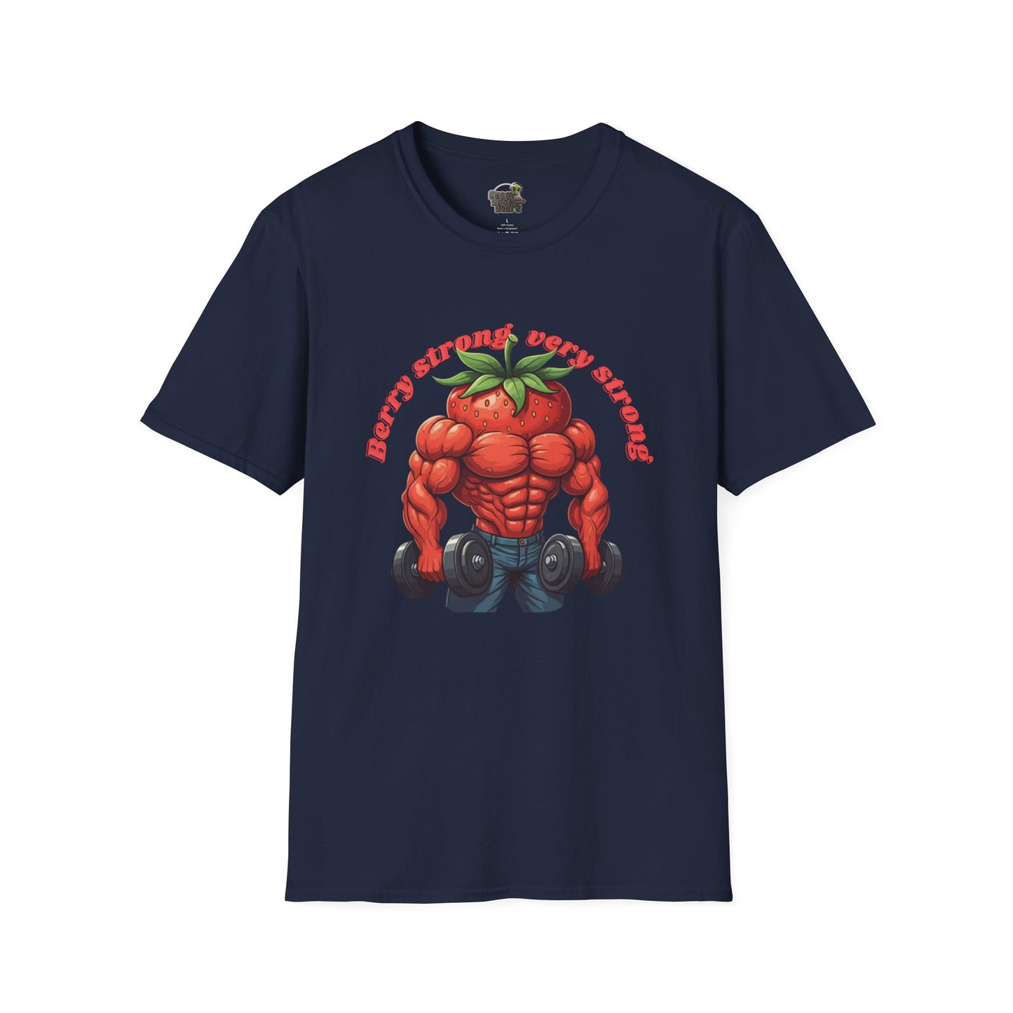 Berry Strong t-shirt: Funny Strawberry Bodybuilder Tee Navy