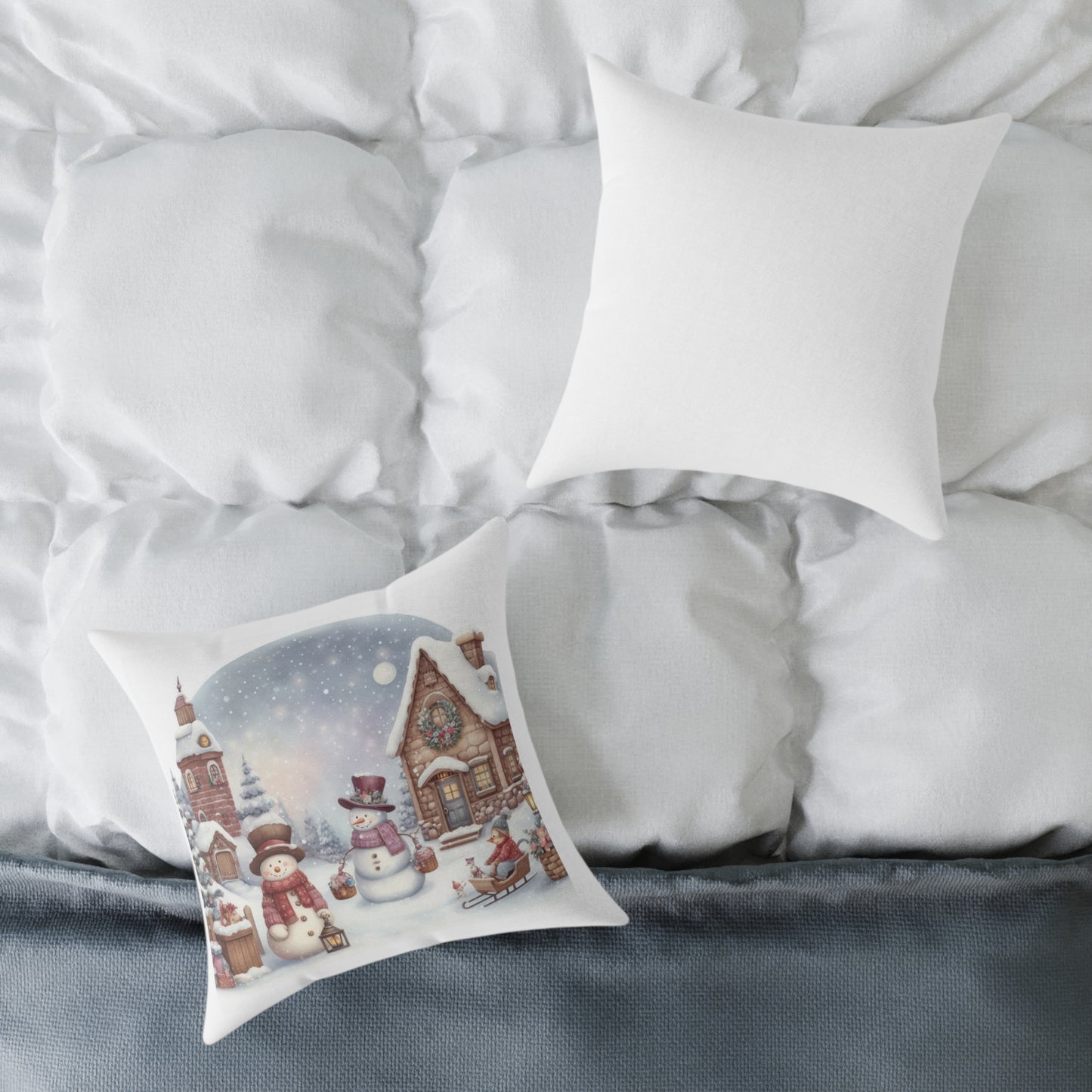 Cozy Christmas Village Throw Pillow | Watercolor Winter Snowman Decor