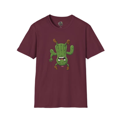 Shocked Cactus T-Shirt: Funky Upside-Down Cactus Tee | Organic Cotton Unisex Graphic Shirt Maroon