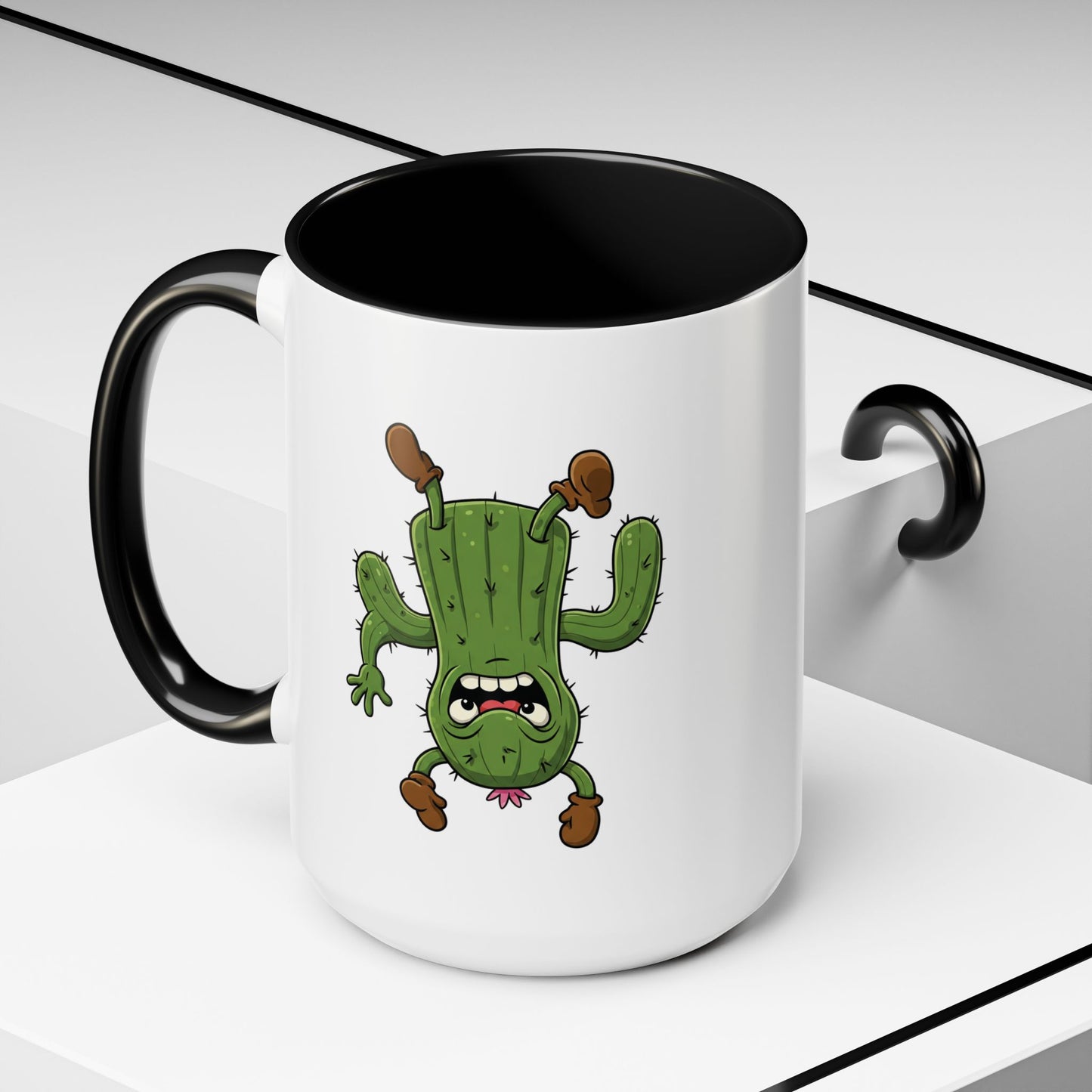 Cactus Mania Shocked Cactus Mug - Upside Down Fun Ceramic Cup 15oz Black