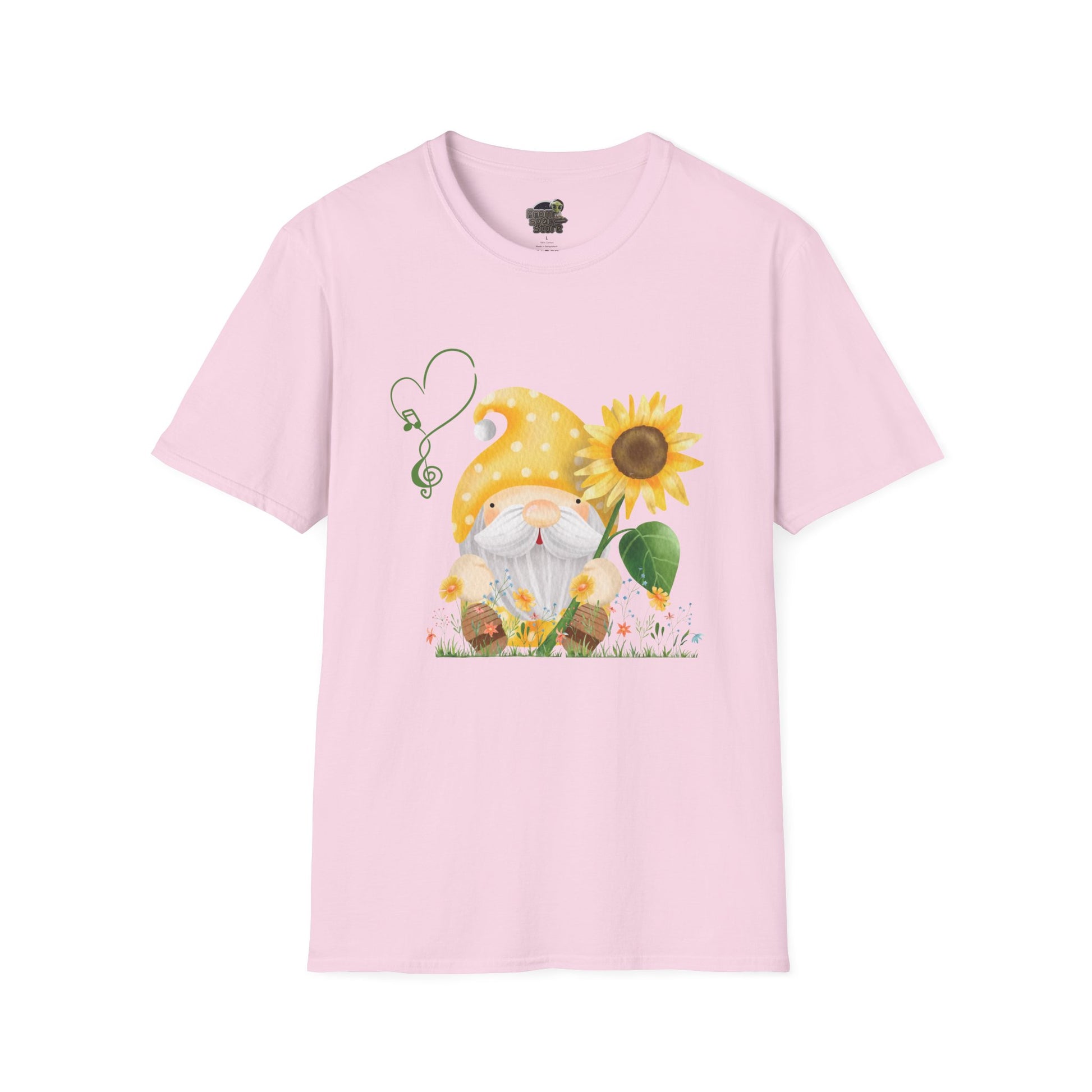 Gnome with Sunflower Unisex T-Shirt: Sunshine, Smiles & Secret Songs Light Pink