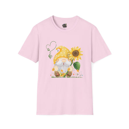 Gnome with Sunflower Unisex T-Shirt: Sunshine, Smiles & Secret Songs Light Pink