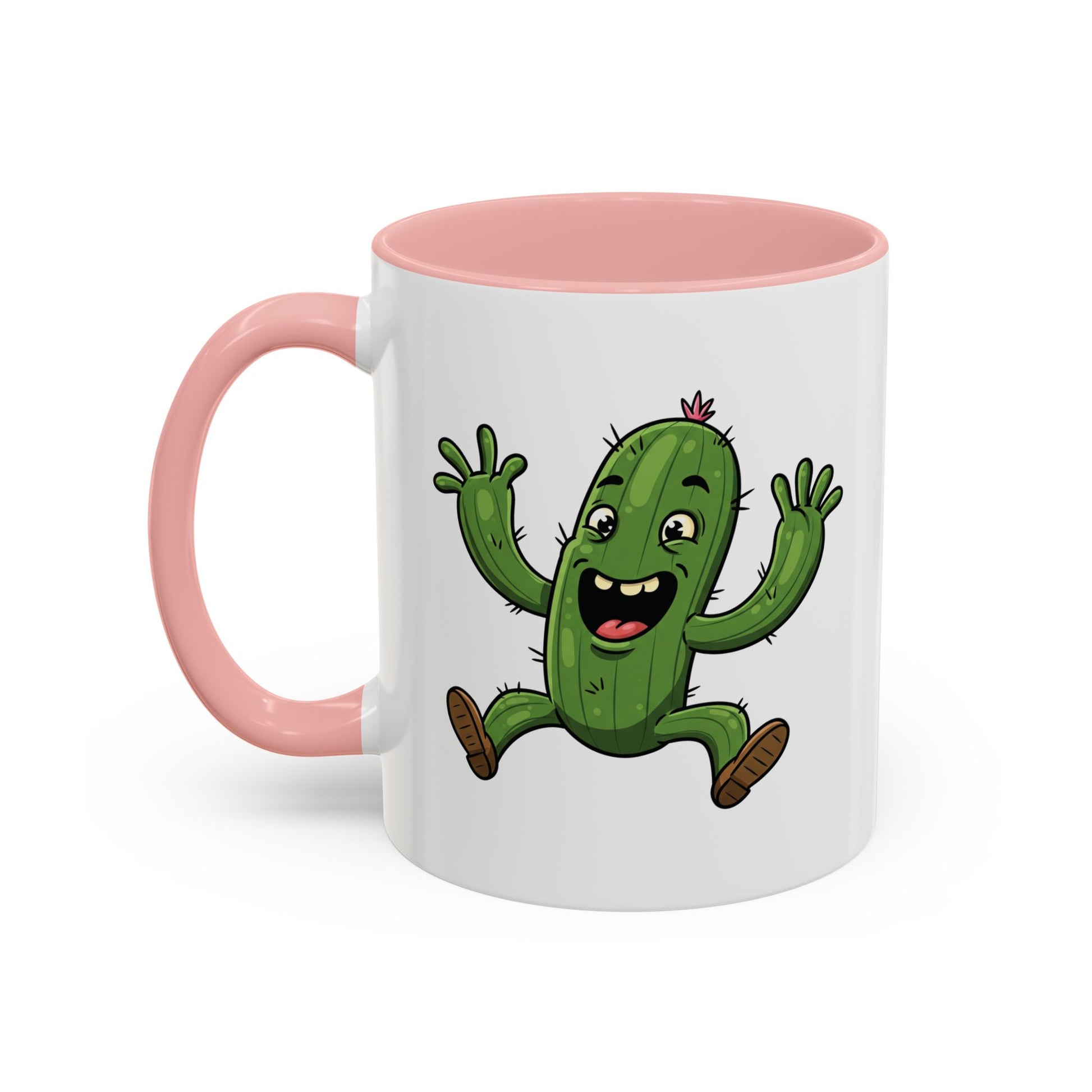 Cactus Mania Happy Jumping Cactus Mug - Cheerful Ceramic Coffee Cup 11oz Pink