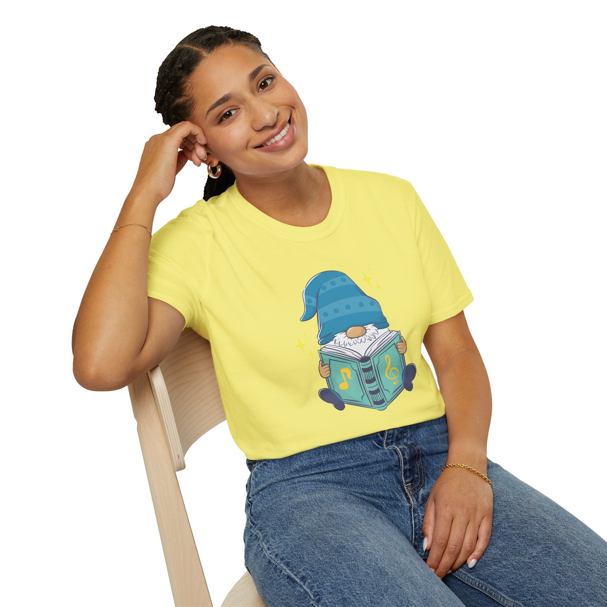 Mystical Book-Reading Gnome Unisex T-Shirt: Stories & Sparkle Cornsilk
