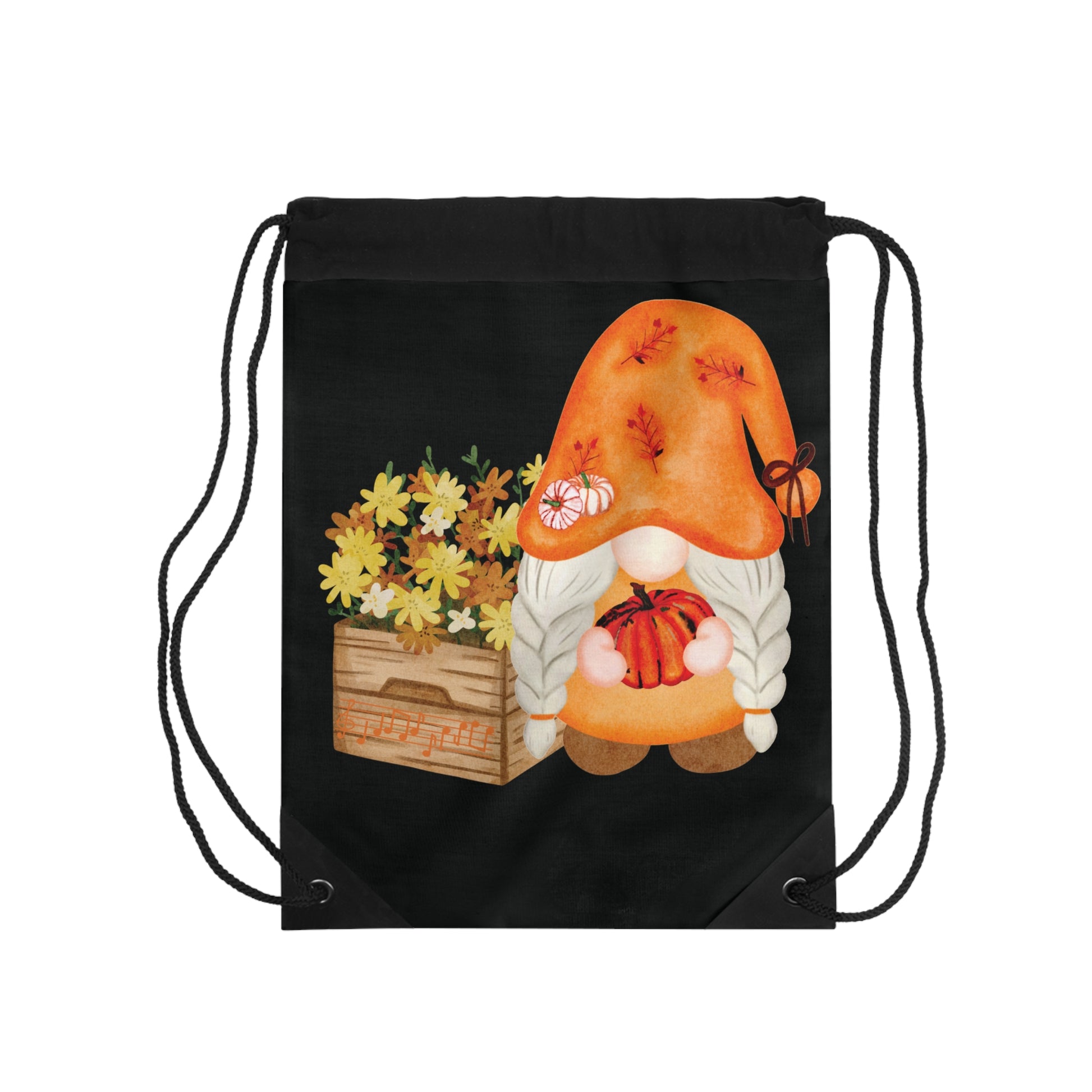 Whimsical Autumn Gnome Drawstring Bag: Charming Flower Pot & Pumpkin Design for Fall Lovers