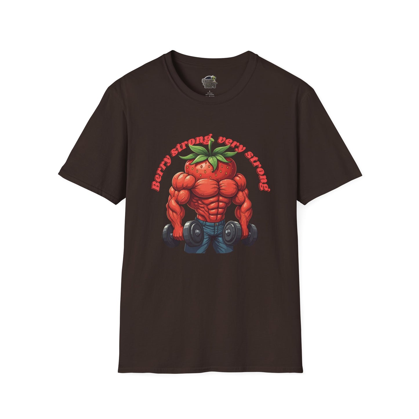 Berry Strong t-shirt: Funny Strawberry Bodybuilder Tee Dark Chocolate