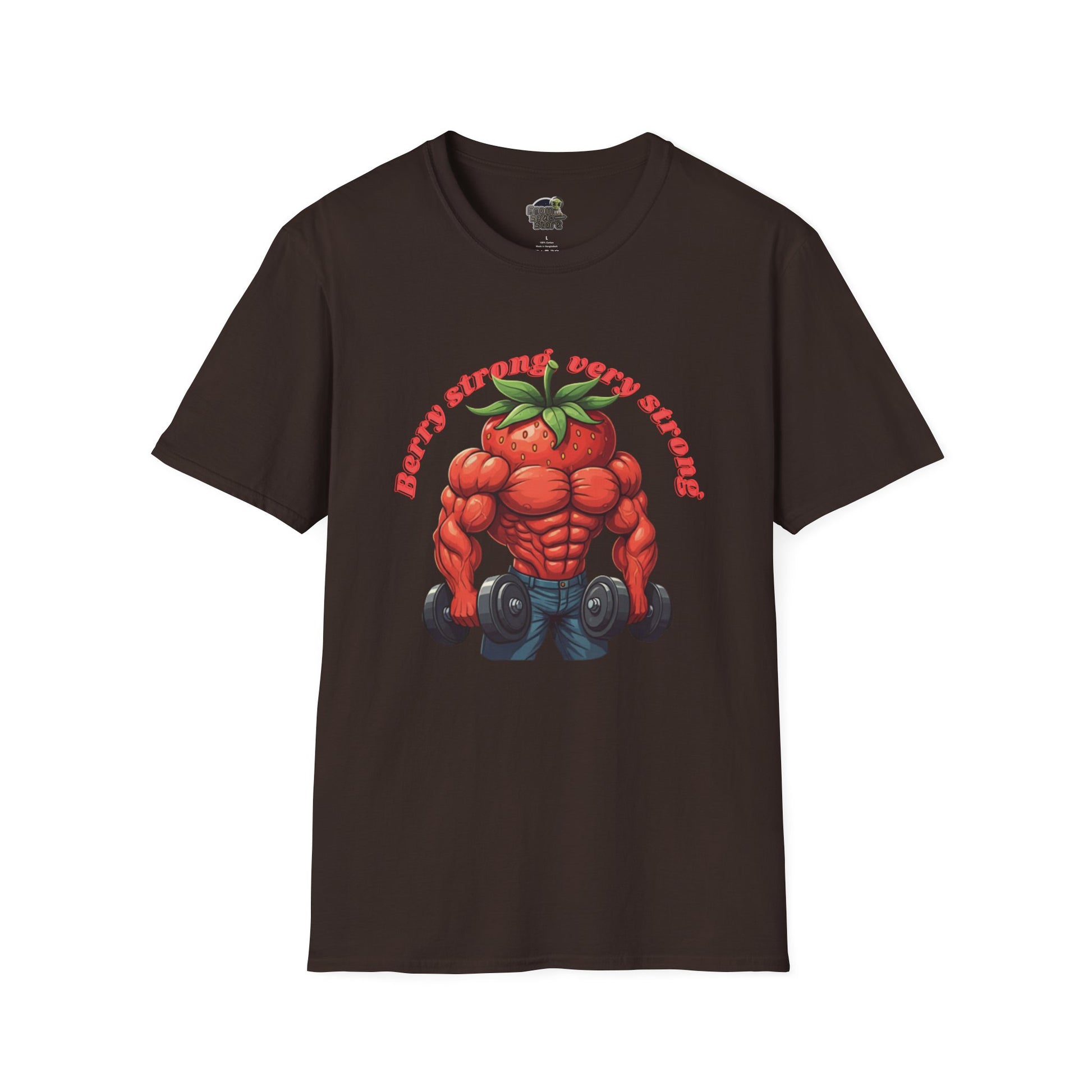 Berry Strong t-shirt: Funny Strawberry Bodybuilder Tee Dark Chocolate