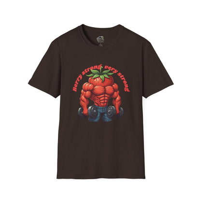 Berry Strong t-shirt: Funny Strawberry Bodybuilder Tee Dark Chocolate