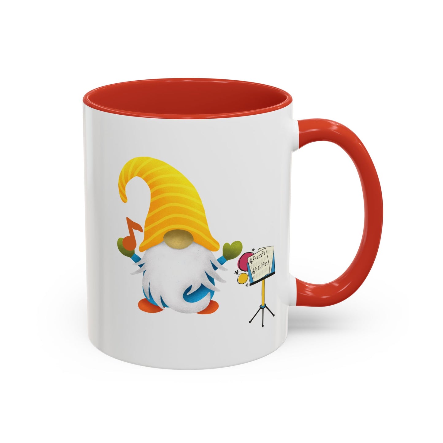 Red ceramic coffee mug with a graphic of a smiling garden gnome standing under the sun.