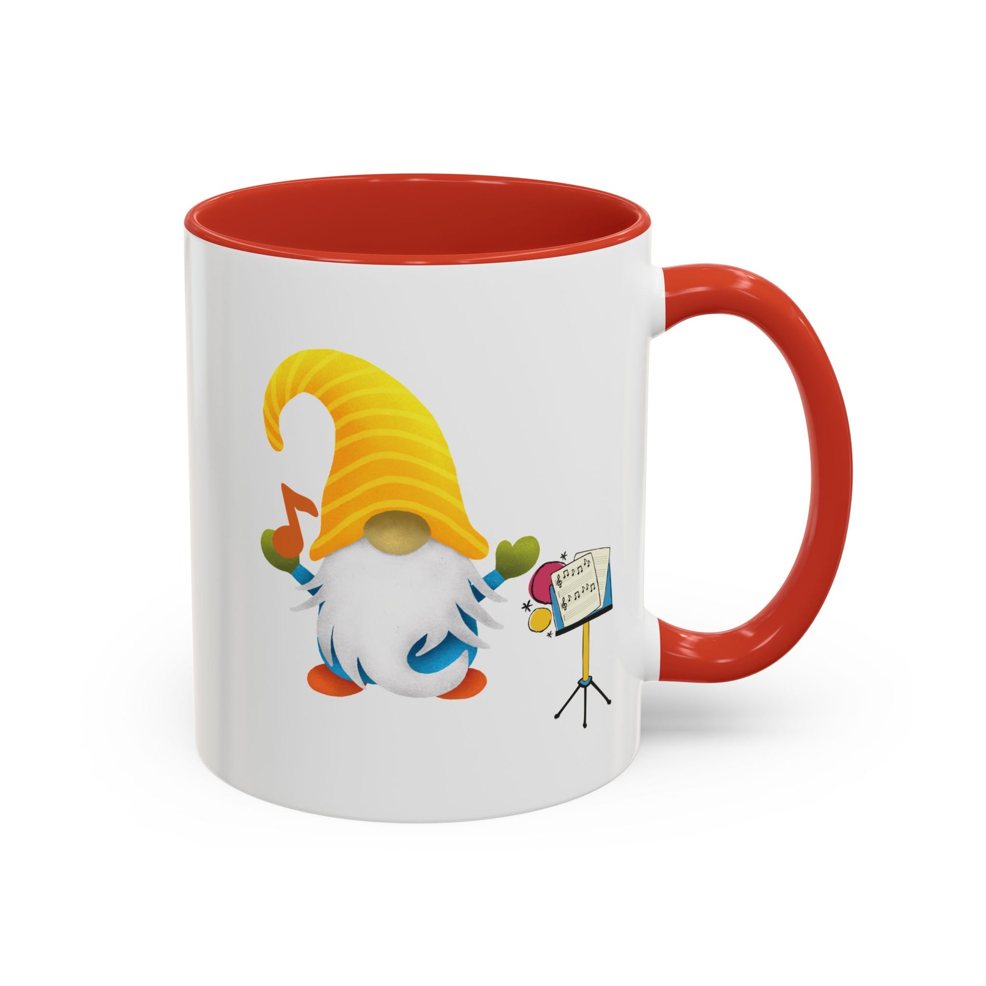 Red ceramic coffee mug with a graphic of a smiling garden gnome standing under the sun.