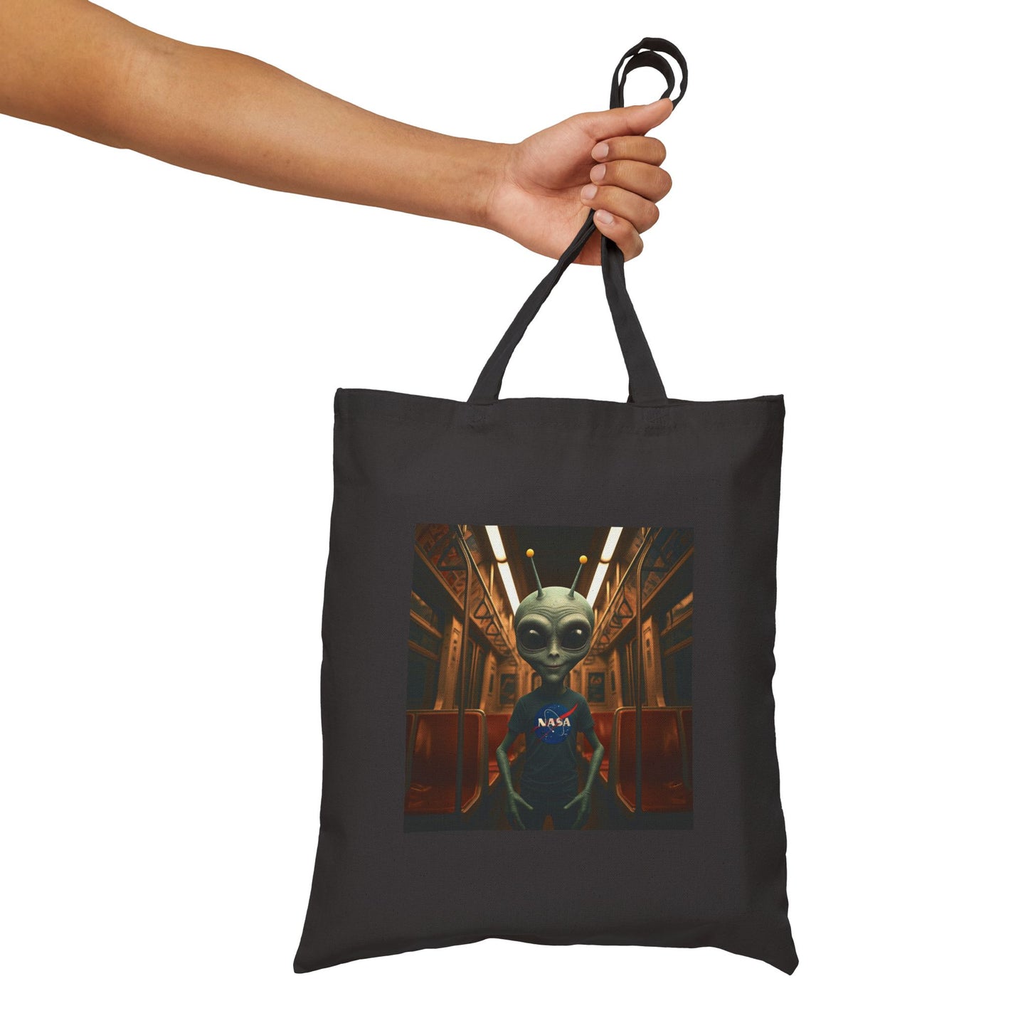 Alien in Subway Tote Bag: Urban Adventure on Canvas - Funny & Quirky City Life Gift for Travelers & Explorers