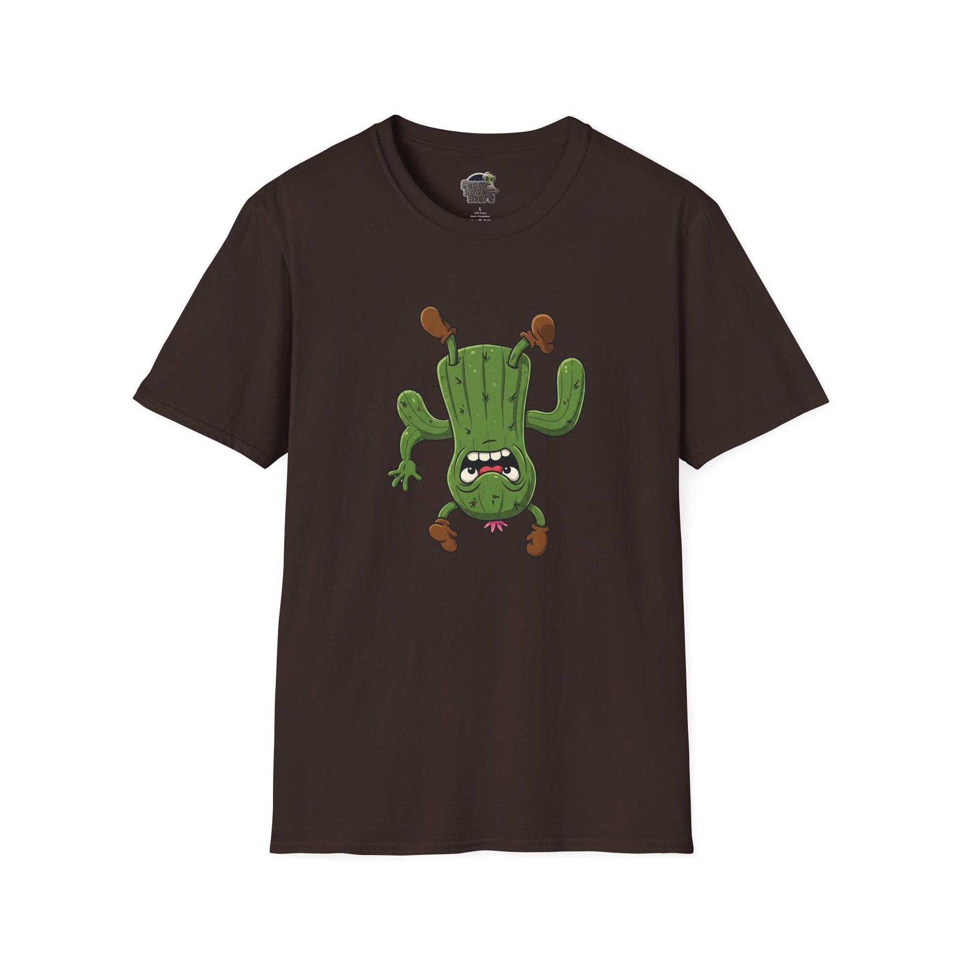 Shocked Cactus T-Shirt: Funky Upside-Down Cactus Tee | Organic Cotton Unisex Graphic Shirt Dark Chocolate