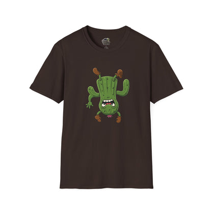 Shocked Cactus T-Shirt: Funky Upside-Down Cactus Tee | Organic Cotton Unisex Graphic Shirt Dark Chocolate