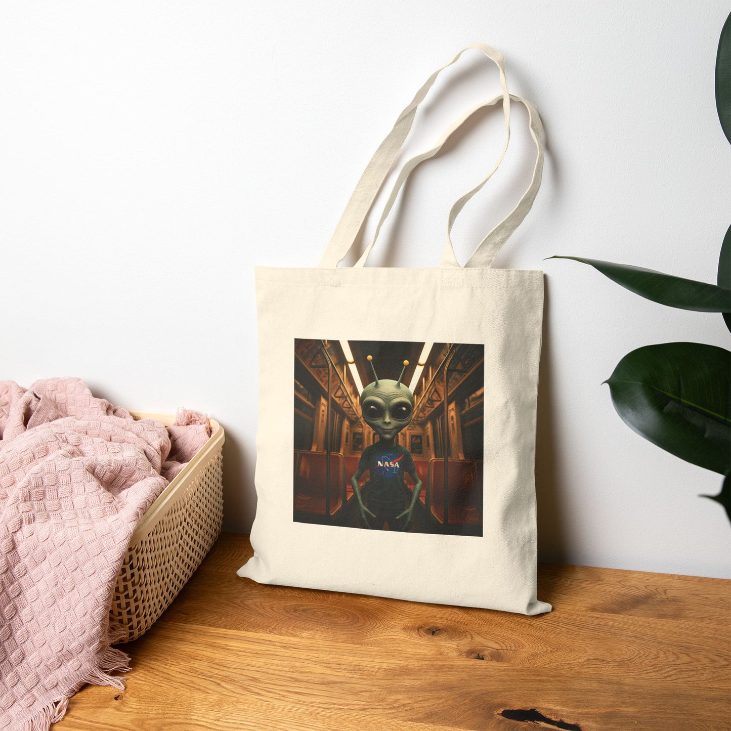 Alien in Subway Tote Bag: Urban Adventure on Canvas - Funny & Quirky City Life Gift for Travelers & Explorers
