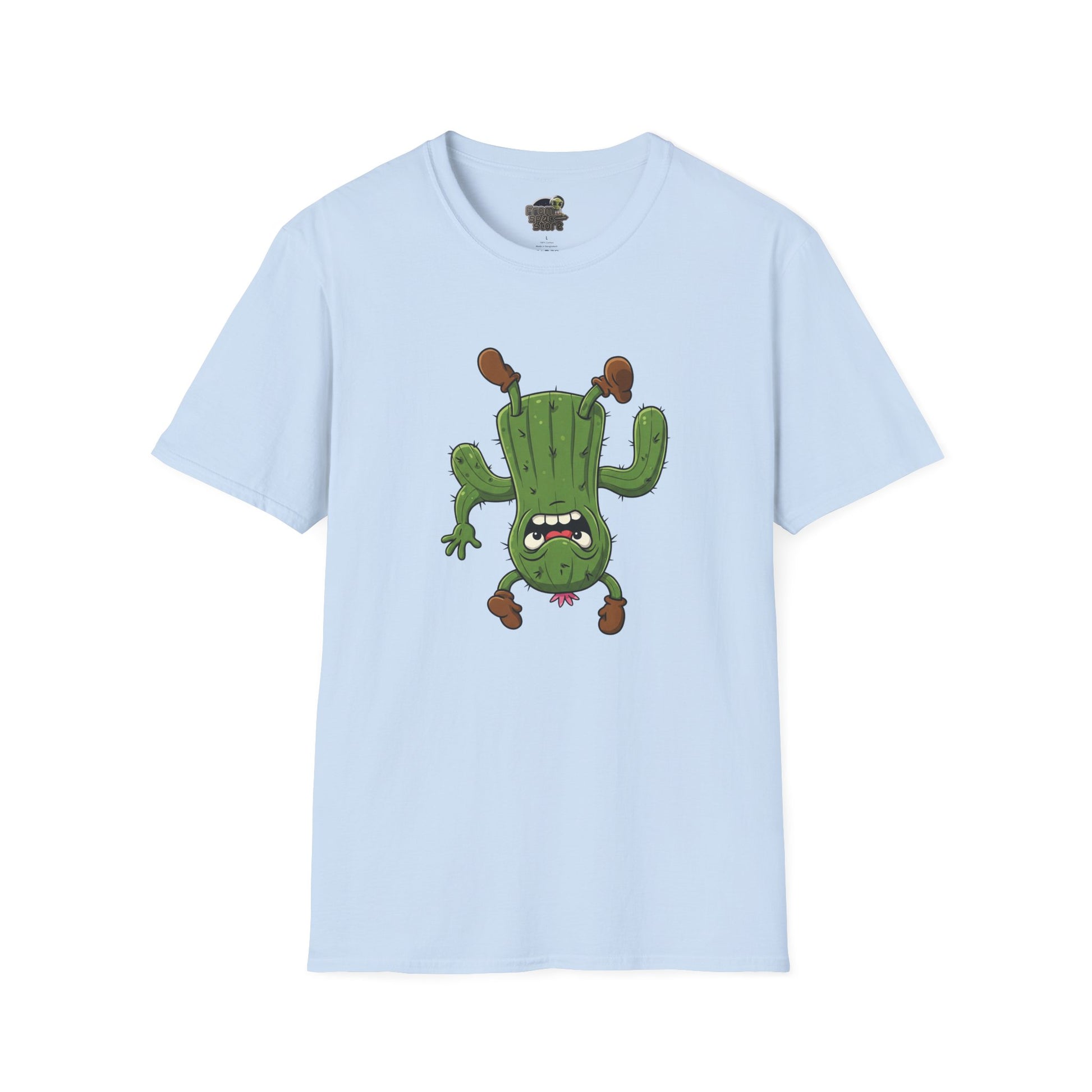 Shocked Cactus T-Shirt: Funky Upside-Down Cactus Tee | Organic Cotton Unisex Graphic Shirt Light Blue