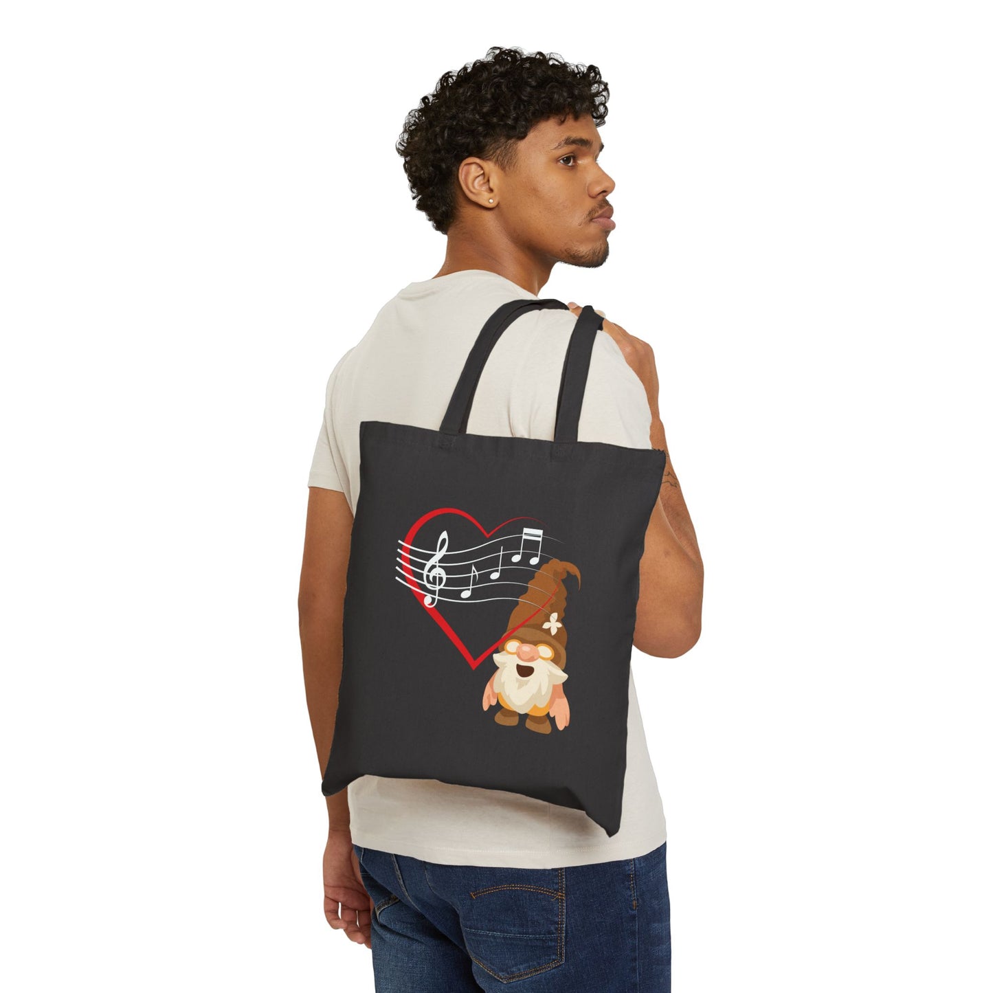Harmonious Heart Gnome Music Tote Bag: Carry Your Love for Melodies (Natural & Black Canvas)