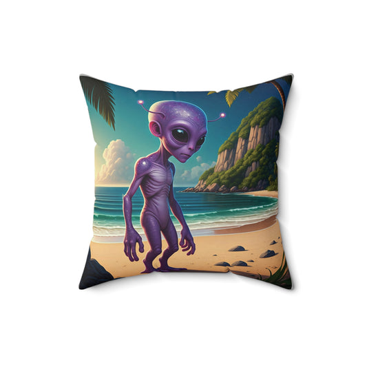 Alien Vibes Beach Pillow: Cute Purple Alien - Sci-Fi Decorative Cushion for Couch & Kids Room