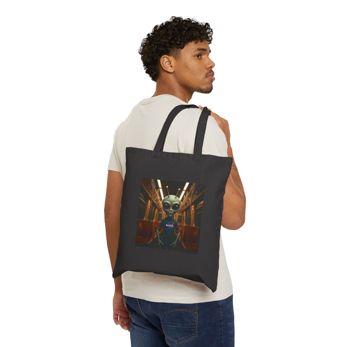 Alien in Subway Tote Bag: Urban Adventure on Canvas - Funny & Quirky City Life Gift for Travelers & Explorers