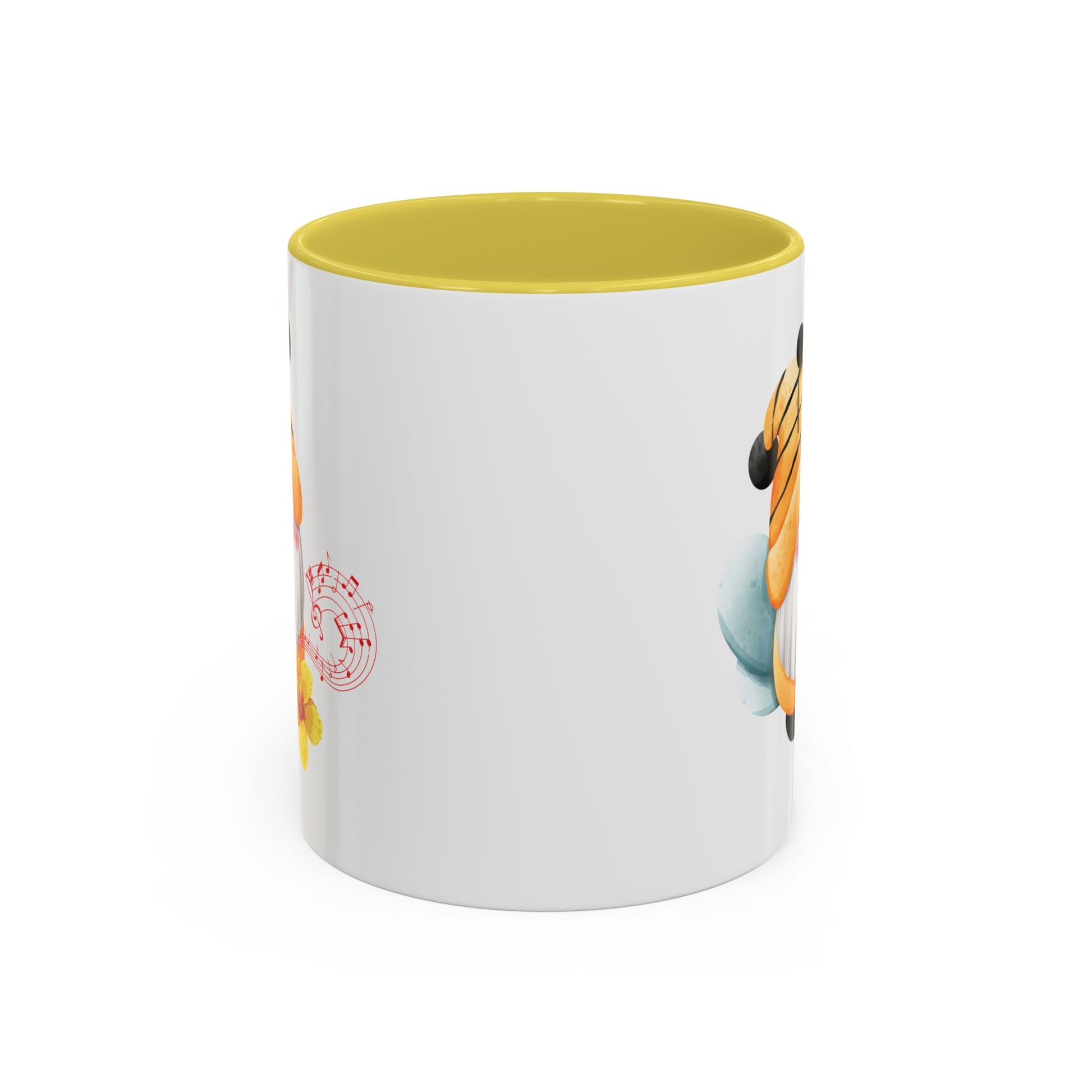 yellow back mug with a cartoon bee gnome design 