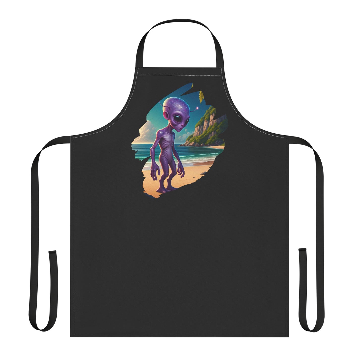 Purple alien standing on a Malibu beach at sunset printed on a kitchen apron.