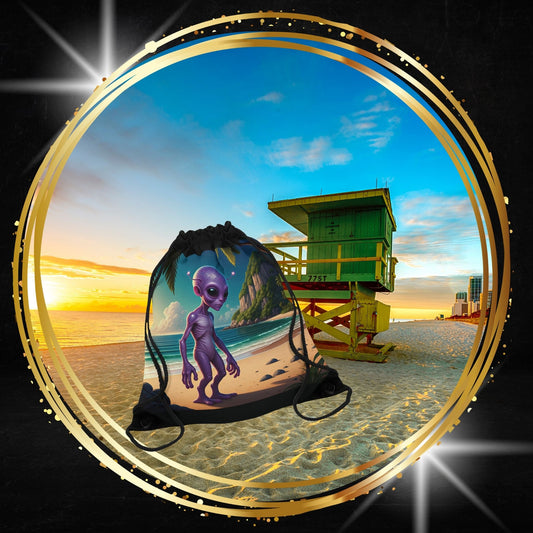 "Alien at Beach" Drawstring Bag: Sci-Fi Fun for Every Adventure!