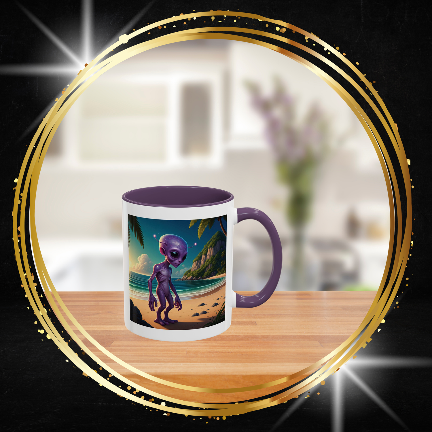 Two-tone ceramic coffee mug featuring a colorful alien relaxing at the beach design, premium kitchenware mockup.