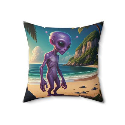 A purple alien standing on a sunny Malibu beach with palm trees and ocean waves unique design on a throw pillows