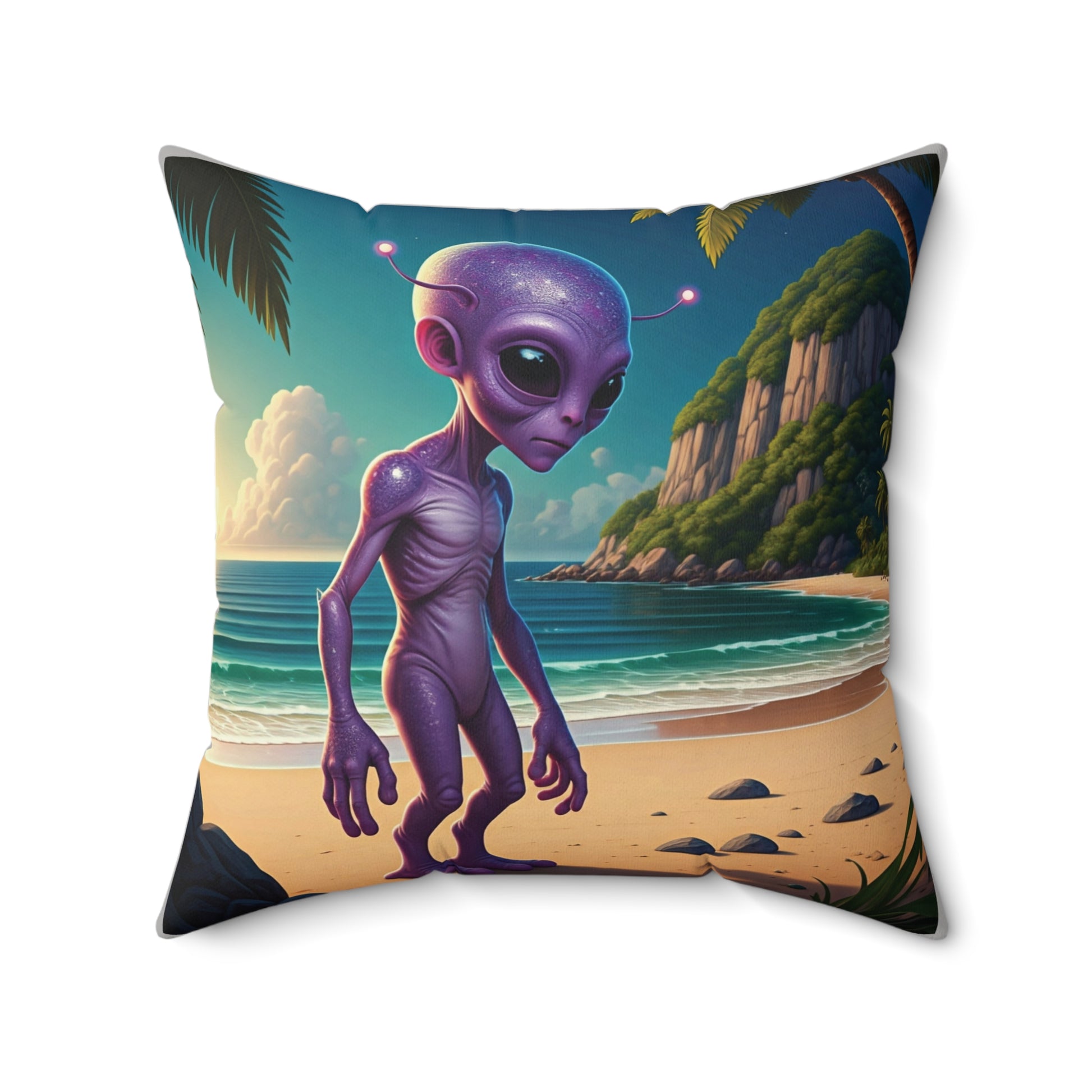 A purple alien standing on a sunny Malibu beach with palm trees and ocean waves on a 18 x 18 inch throw pillow