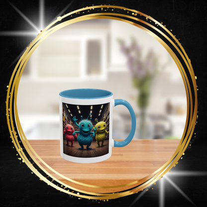 Custom 11oz coffee mug with vibrant dancing aliens illustration, stylish blue handle and rim, lifestyle product image.