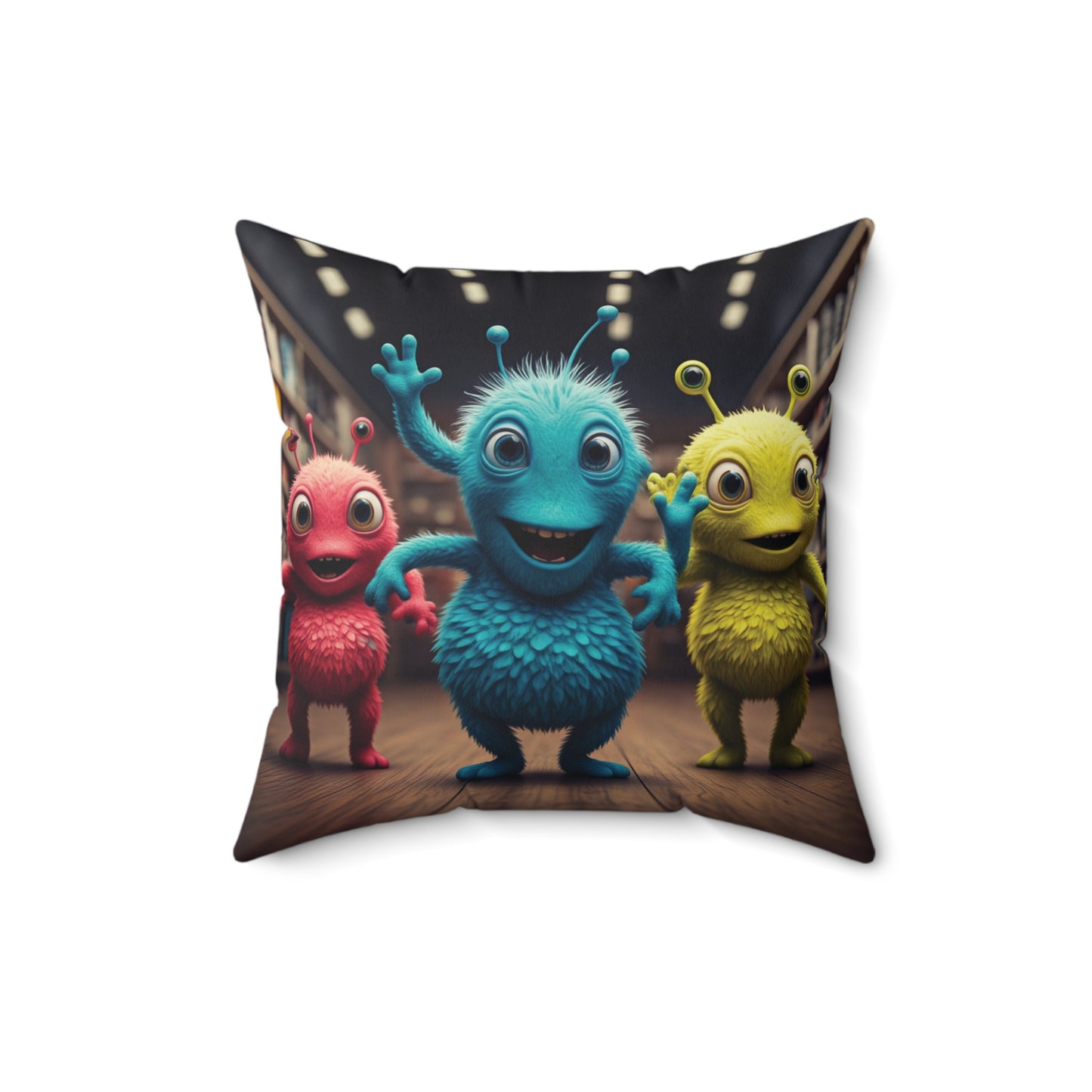 Three colorful, fuzzy aliens dancing together in a brightly lit room