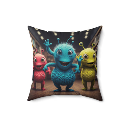 Three colorful, fuzzy aliens dancing together in a brightly lit room