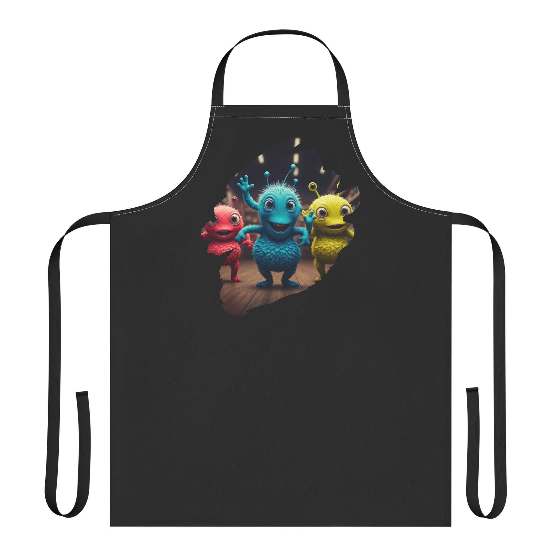 Three colorful fuzzy aliens dancing in a neon club setting on a kitchen apron. 