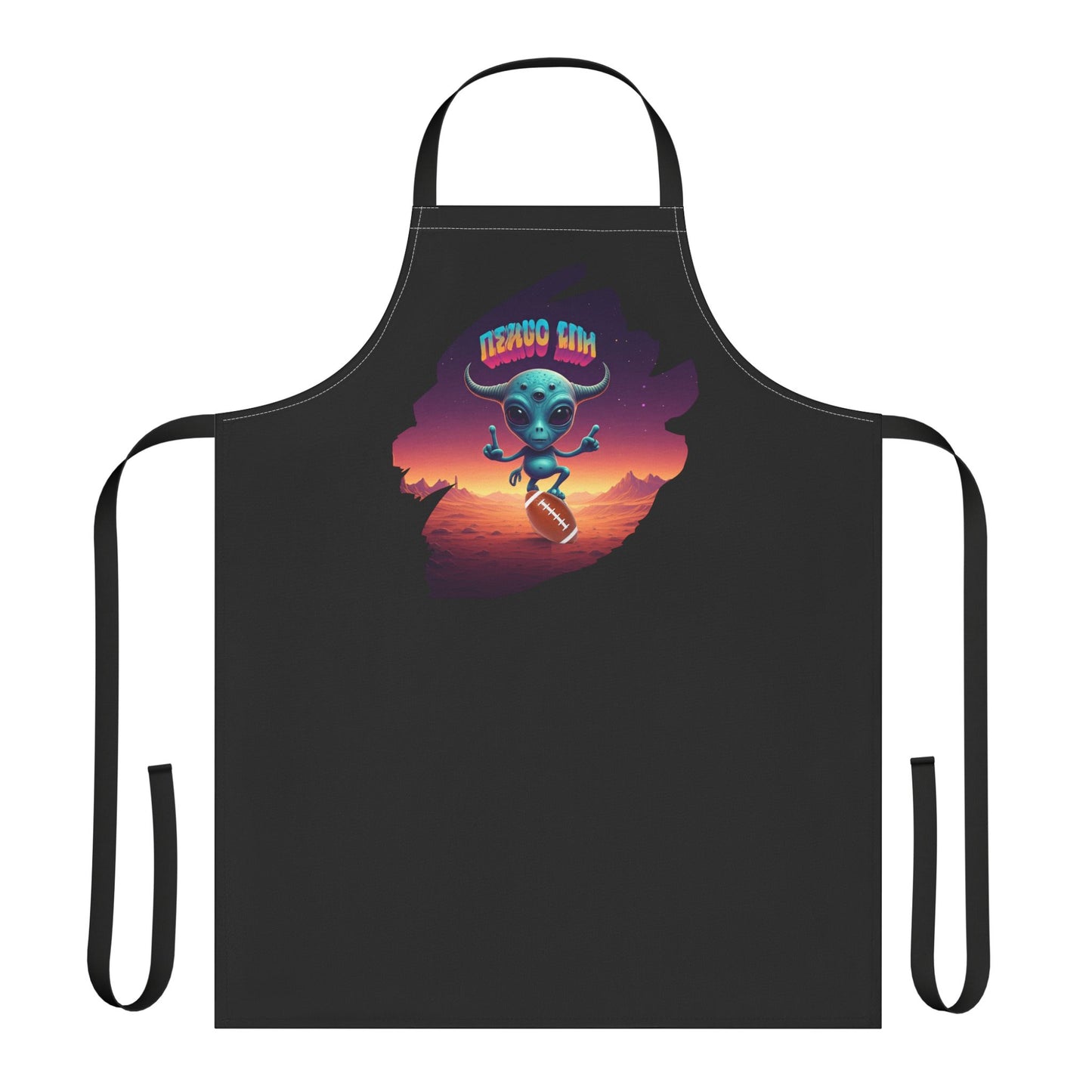 Alien football player holding a ball on a red planet backdrop on an apron. 