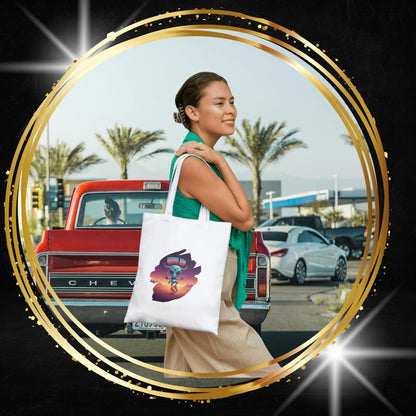 Woman holding a tote bag with a colorful alien football player on the Moon unique design, woman in New York city street 