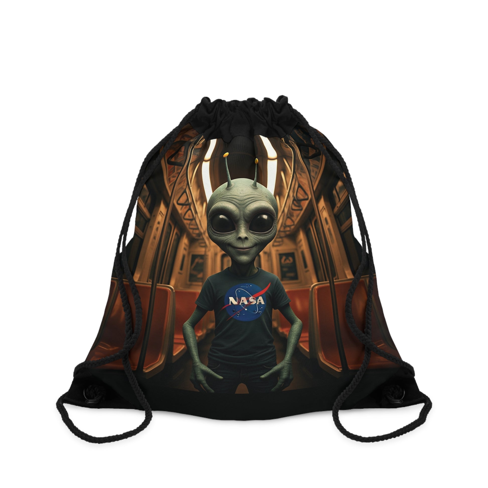 Original Alien in New York subway design on a black Unique drawstring bag.