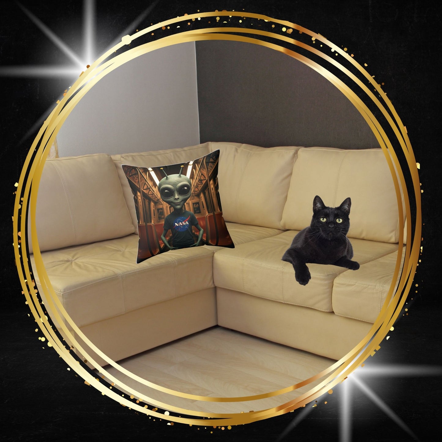 Beige sofa with a black cat and an alien in subway -themed pillow 